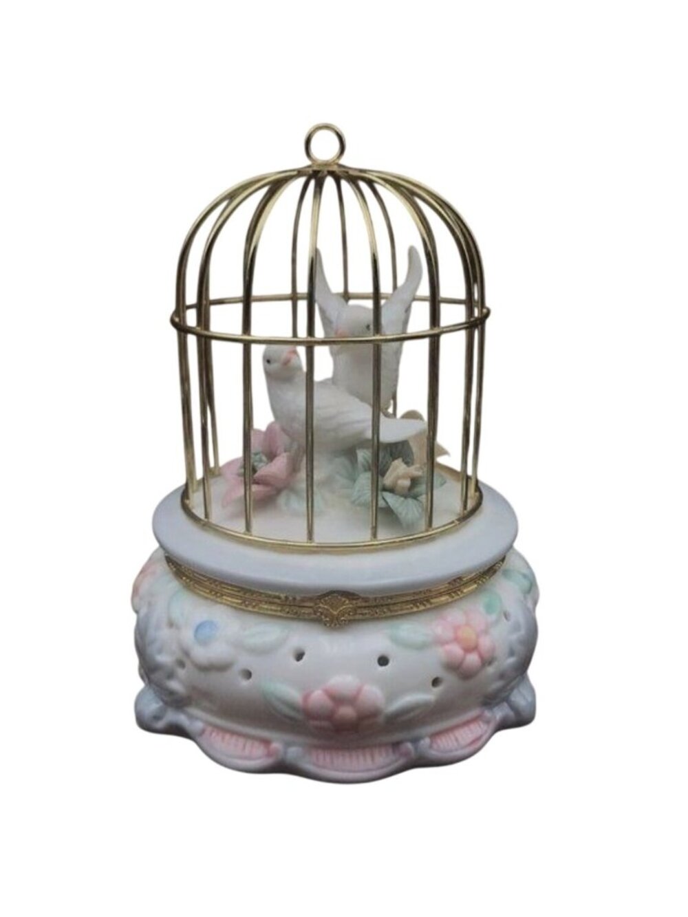 Porcelain Doves in Gold-tone Cage Trinket Box or Potpourri Holder Hinged Lid